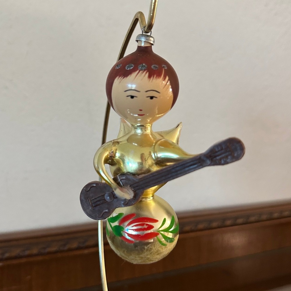 Vtg Italy De Carlini(?) Angel Playing Guitar Blown Glass Christmas Ornament READ